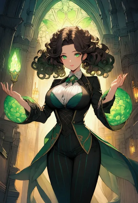  A beautiful young woman with green eyes , magician&#39;s apprentice.  Wearing a shirt that shows some of her big boobs . In a beautiful castle ,  wearing an outfit with colors that represent her powers of light and dark and nature.  curly hair.