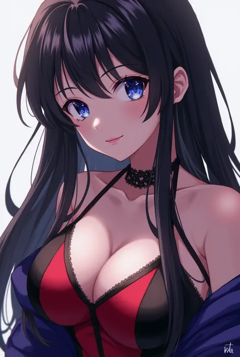  anime girl image, with a pretty face, blue eyes and clothes in black, red and purple colors and with big breasts