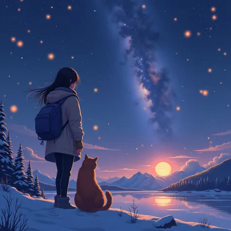 Quiet night city with falling snow, Magnificent landscape of planets and moon, Soft look, Wrapped in the soft winter wind, Magically beautiful time passing, Teenage womans back view, Gentle moments with cat, Space and Starry Skies , Exaggerated identity, P...