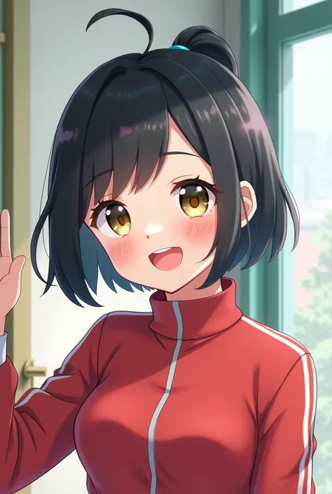 cute, girl, , 6th elementary school student, black hair, Bob- Half up-short ponytail, school track suit, white knee-high socks, big bust, (((shiny skin))), blush, smile