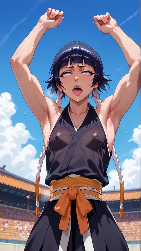 a picture, inspired by Kentaro Miura, trending on pixiv, soifon from bleach, black uniform, favorite scene, fine details, skins, sweating, small breasts, both hands raised, armpits, armpits visible, dripping with sweat, more more sweat, ((Japanese clothes)...