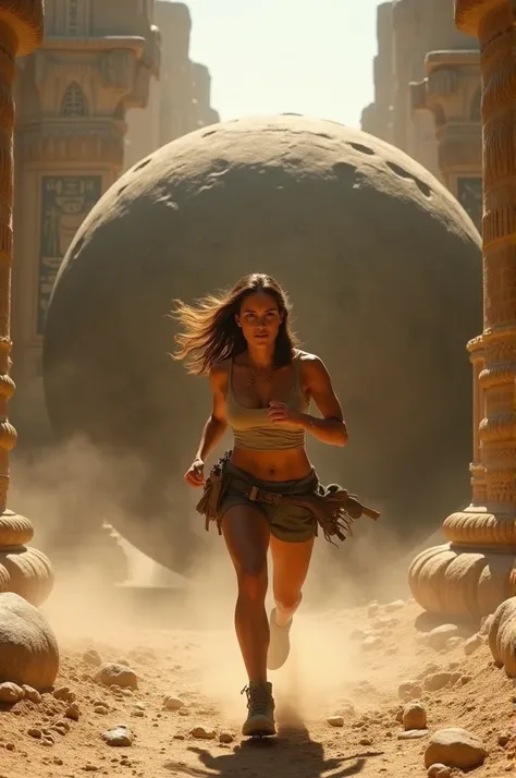 A female archeologist is being chased through a temple by a giant spherical boulder that is rolling behind her Indiana Jones style.