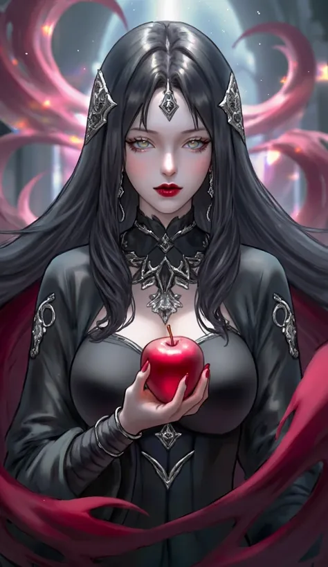 girl, black long hair ，black queen，Accessories，apple in hand， poisoned apples，witch queen， red lipstick 