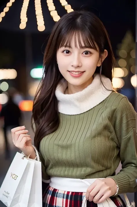 (masterpiece, best quality, perfect anatomy, highres, 8k, realistic, photorealistic, natural skin texture, no makeup:1.2), 1girl, solo, age20,  very cute, fashionable, A chic Japanese college girl in a plaid mini skirt and beret, holding shopping bags and ...