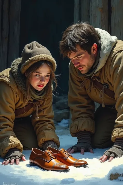  A woman and a man dressed in poor, warm clothes ,  look at shiny shoes in amazement on the snow-covered floor.
With an expression of intrigue and curiosity  
