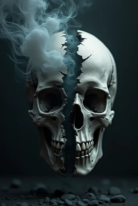 An image that is a skull broken in two where a smoke or black shadow emerges where inside it reflects human thoughts and ideas