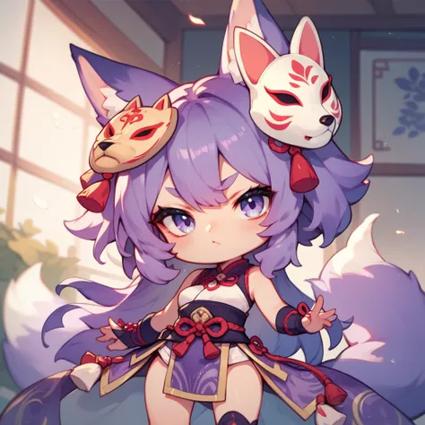 Chibi girl with fox mask purple cloth, purple hair, pouty