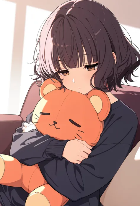 masterpiece, best quality, score_9, score_8_up, score_7_up, score_6_up, score_5_up, score_4_up, source_anime, 1girl, wavy hair, short hair, dark brown hair, brown eyes, straight bangs, hugging plushie, sleeping on couch