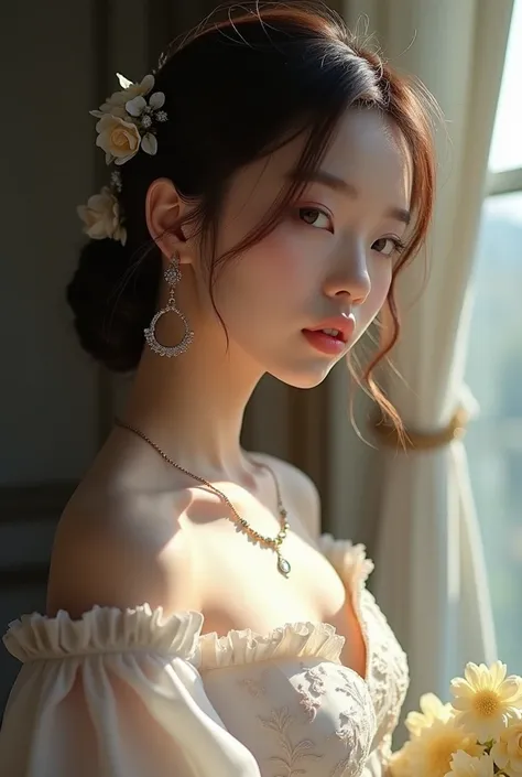 Best Quality, Masterpiece, High Resolution, 1girl, Porcelain Dress, Hair Accessories, Necklace, Jewelry, Pretty Face, On Body, Tyndall Effect, Realistic, Shadow Studio, Rim Lighting, Dual Tone Lighting, (High Detail Skins: 1.2), 8k UHD, dslr, soft light, h...