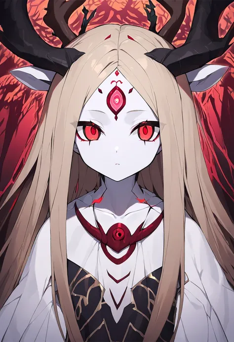 Monster girl, pale skin, beige hair with curtain bangs showing forehead, 2 brown eyes, red glowing third eye on forehead, antlers on her head, humanoid, cute (somewhat), HD