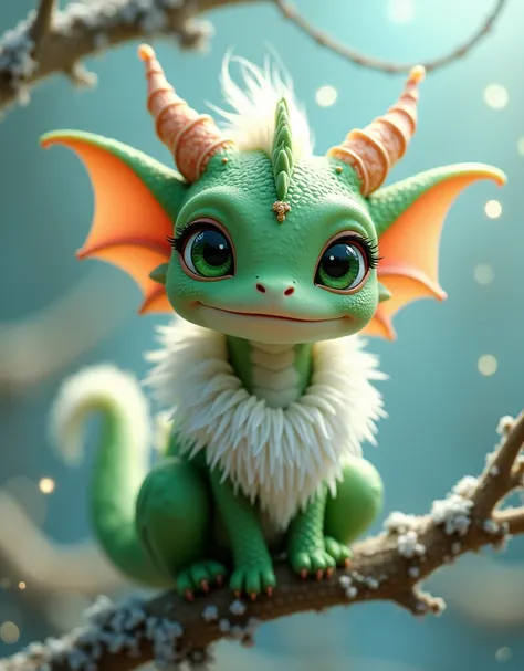 a small green christmas dragon, with long soft white hair a big neck collar big green eyes, on a christmas branch, small depth of field, subtle golden details, glamour glow, hyperrealistic. A pastel blue bokeh background, beautiful light.