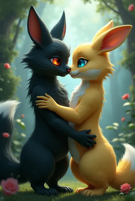 Humanoid black fox with red eyes kissing humanoid yellow rabbit with blue eyes 