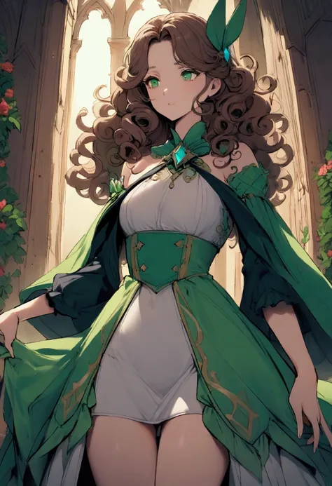 A beautiful young woman with green eyes , magician&#39;s apprentice.  Wearing a shirt that shows some of her tits. In a beautiful castle ,  wearing an outfit with colors that represent her powers of light and dark and nature.  curly hair.