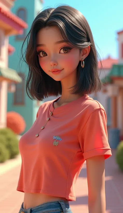 Full body 4D shot of a K-pop idol girl, 18 years old, full body, 3D Pixar style,  trend on artstation, art photography, shirt, short, semi realistic