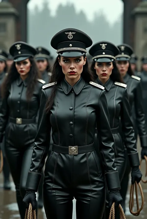    High Definition  、  multiple black leather female Nazi officers holding whips、Angry face、leather military hat 、  leather Bastier  、Camp entrance  、nsfw