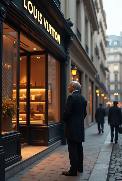 Louis stands in front of his first store ,  The “Louis Vuitton” sign stands out brightly against the backdrop of a Paris street.