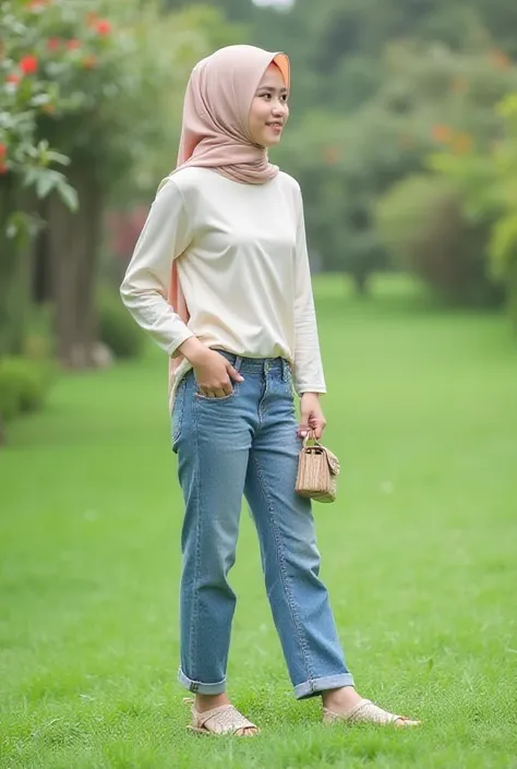 Indonesian women wearing hijab, wearing modern clothes ,cussing jeans , mountain sandals , carrying a small bag in his hand , standing ,stylish, like a model ,On the grass , beautiful floral background, right view left , looking neat and comfortable ,