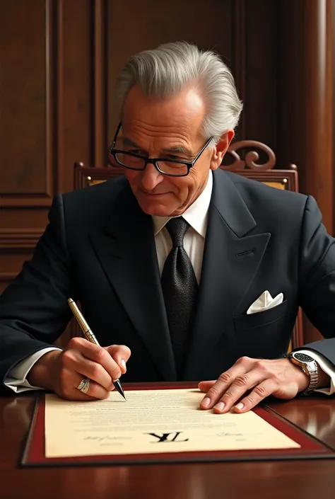  Imagine Louis Vuitton with a pen and paper, signing a document ,  symbolizing his vision and dream .