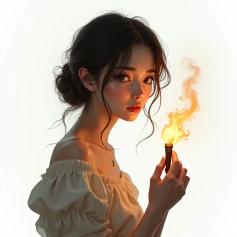 create a side pose of a young & beautiful girl holding a fire torch in her hand looking towards camera with sad expression , head to toe shot , white background