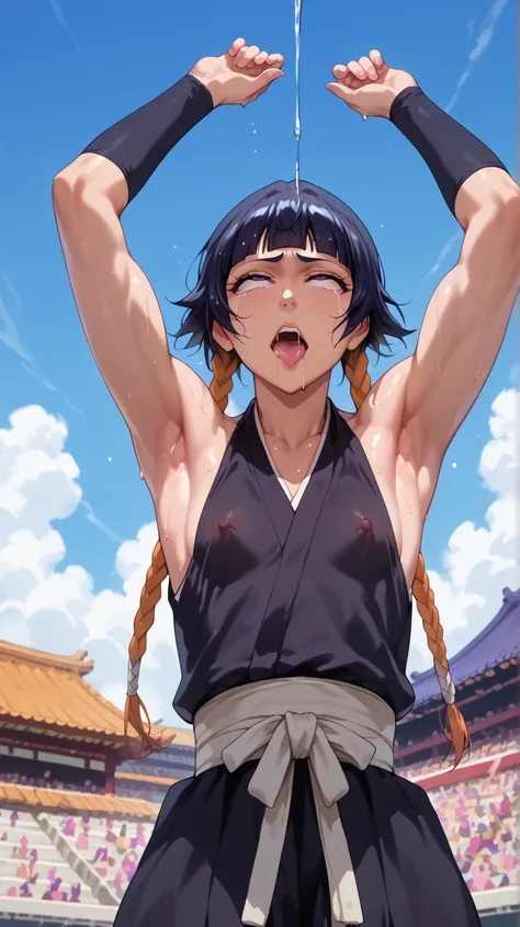 a picture, inspired by Kentaro Miura, trending on pixiv, soifon from bleach, black uniform, favorite scene, fine details, skins, sweating, small breasts, both hands raised, armpits, (small head),armpits visible, dripping with sweat, more more sweat, ((Japa...