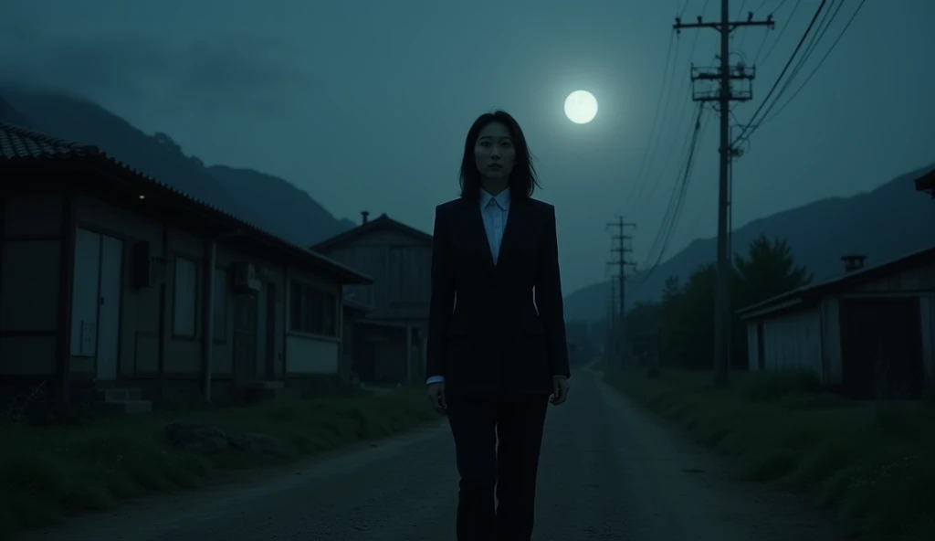 Live action, Japan, rural, midnight, female. The woman is wearing a suit. Eerie atmosphere.