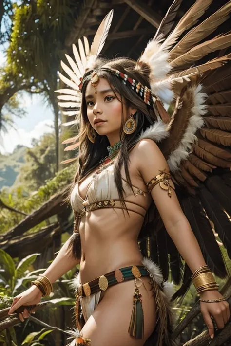 Princess, native tribe og the forest, winged person, big wings, brown feathers, feathers in the hair, private parts are properly covered with indigenous materials, beautiful 