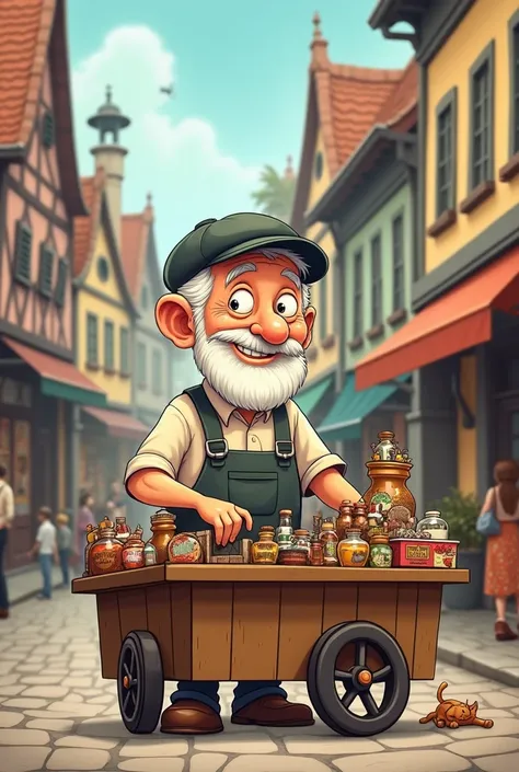 A cute cartoon character of an old man selling things.