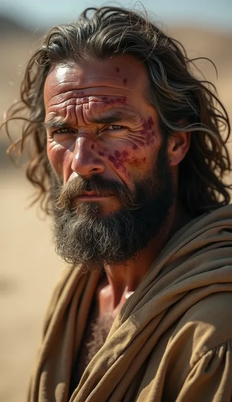 A close-up portrait of a man with leprosy in a biblical setting, showing visible skin lesions and a sorrowful expression. The man has a rugged appearance, long, unkempt hair, and a beard. The atmosphere is somber, with muted tones highlighting his sufferin...