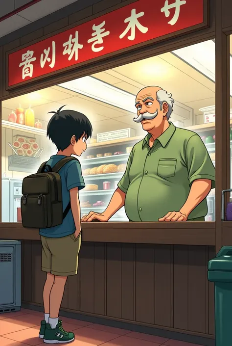 Two characters. Character 1: (old man, balding on top, mustache, pot belly, light green shirt). Character 2: (young boy, backpack). Character 1 works behind a service bar at a deli shop, located in a deli shop, anime.