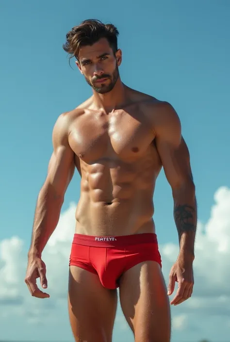  handsome Brazilian man , beautiful, high,  slightly muscular ,  defined muscles , detailed fingers,  body hair,  straight slightly wavy hair ,  detailed blue eyes , seductive look,  wearing red cotton briefs with bulky bulge, pés descalços com detailed fi...