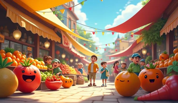 A cute cartoon fruit and vegetables market with  some peoples  are shopping  there