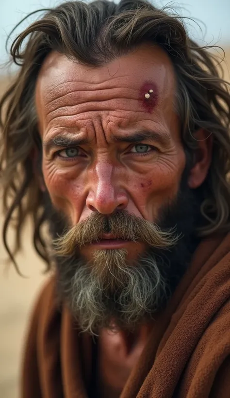 A close-up portrait of a man with leprosy in a biblical setting, showing visible skin lesions and a sorrowful expression. The man has a rugged appearance, long, unkempt hair, and a beard. The atmosphere is somber, with muted tones highlighting his sufferin...