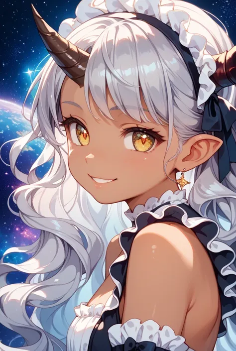 1Girl, silver hair, long wavy hair, yellow eyes with dragon pupils, beautiful dark skin, wearing a sexy maid outfit, galaxy background, close up, single horn on the side,big dragon tail, white tail and horns, confident smile, loli body