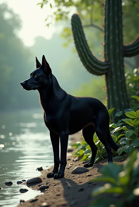 BLACK DOG AND CACTUS IN RIVER SIDE