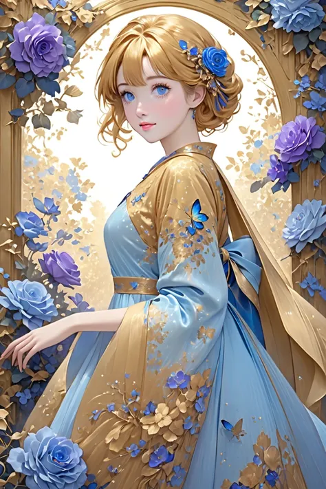 One girl in a light blue, purple butterfly sleeve dress Girl wearing a golden dress with short golden hair and red hair with blue roses and blue eyes