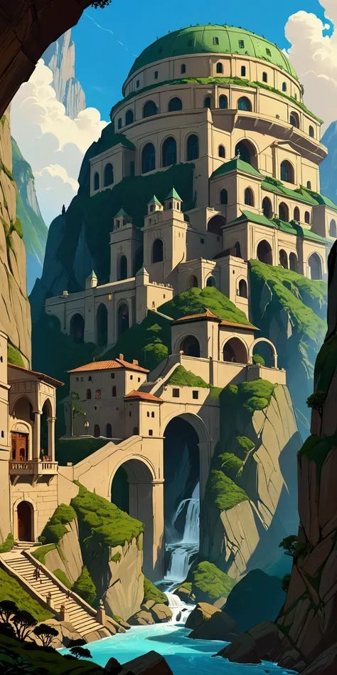  There is a large building that is built on the side of a mountain., Mark Simonetti. intricate, art style of Mark Simonetti, inspired por Mark Simonetti,  fantastic architecture , style of Mark Simonetti, Marc _ Simonetti, highly realistic concept art,  ex...