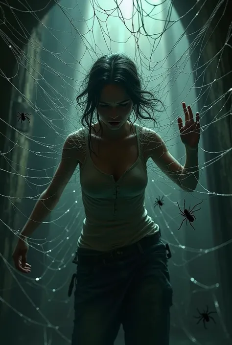 A woman stuck in a spider web 