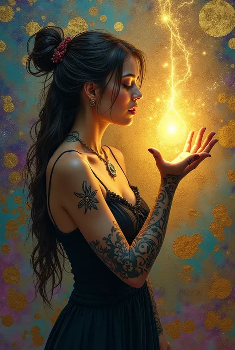 Elegant graffiti berwarna gold inscribed kembaangdesa  ,  electric galaxy background illustrated beautiful tattooed woman holding crystal 