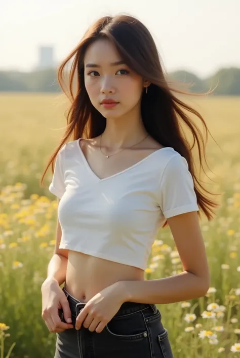 A 25-year-old Asian girl, 165, 55, with long dark brown hair on two ears, wearing a white short-sleeved crop top, wearing black jeans, she stood in a flower field in the morning, her hair fluttering in the wind.