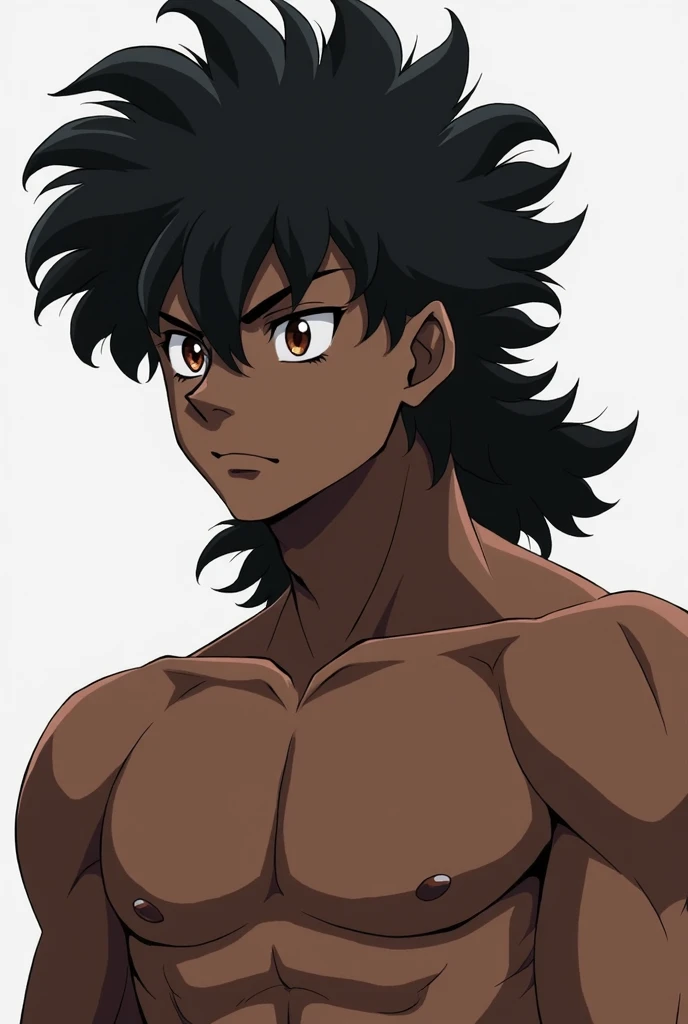 Create an anime-style character with a black skin color,  he has curly Mullet-style hair with a gradient on the sides,  his physical structure is lean but defined , This one has a serious face , shirtless 