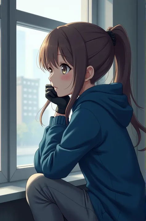 A girl in a blue jacket with a hood and long brown hair tied up in gray pants and black gloves looking out the window with a sad look ( in anime style