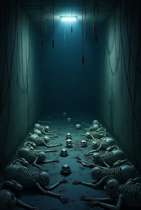 Generate in cinematic 3d cartoon style 
A chilling sight of human skeletons scattered on the floor of a dimly lit basement, with cobweb-covered walls and eerie shadows