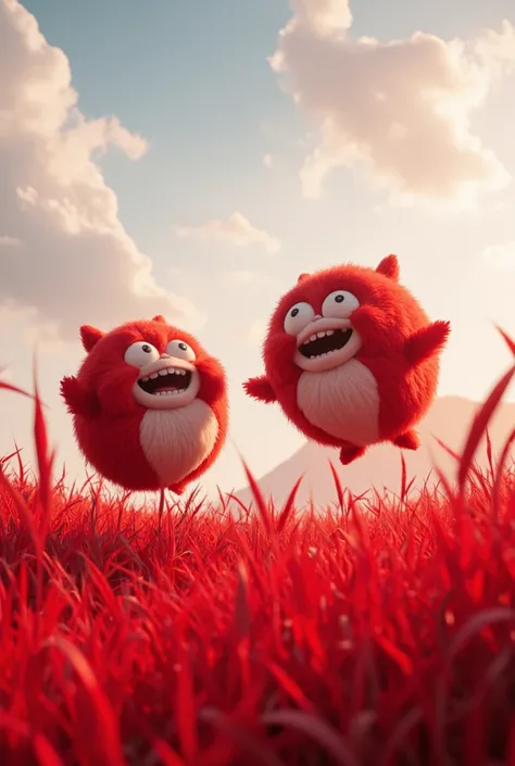 2 furry balls laughing and jumping in a red grass