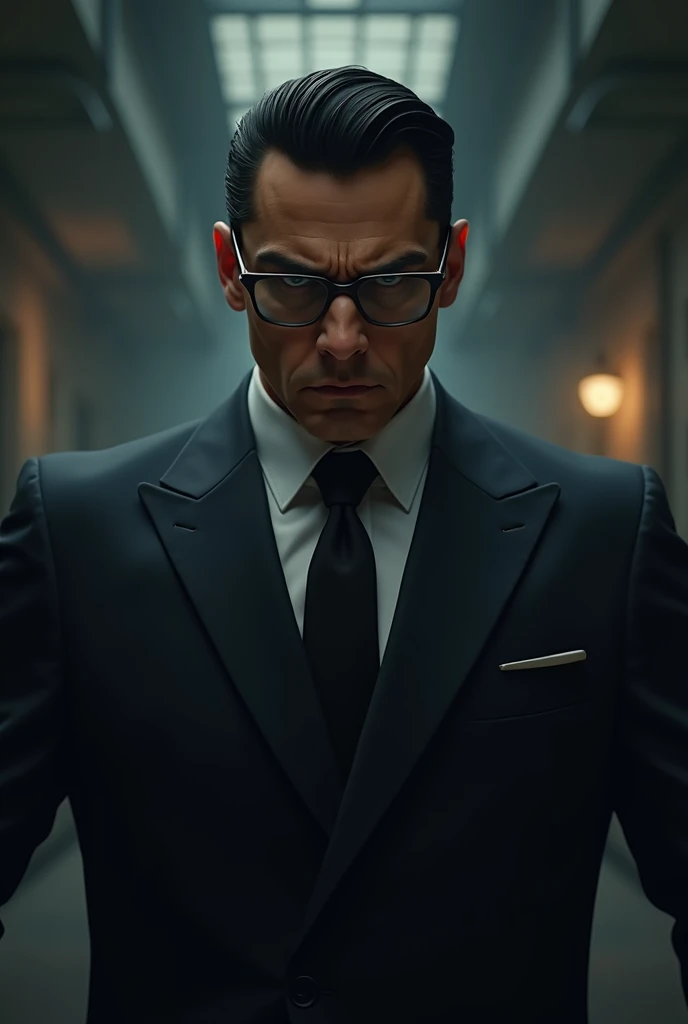 A 25 years old man, black hair dressing a suit, angry face, using a glasses and Mafia. 