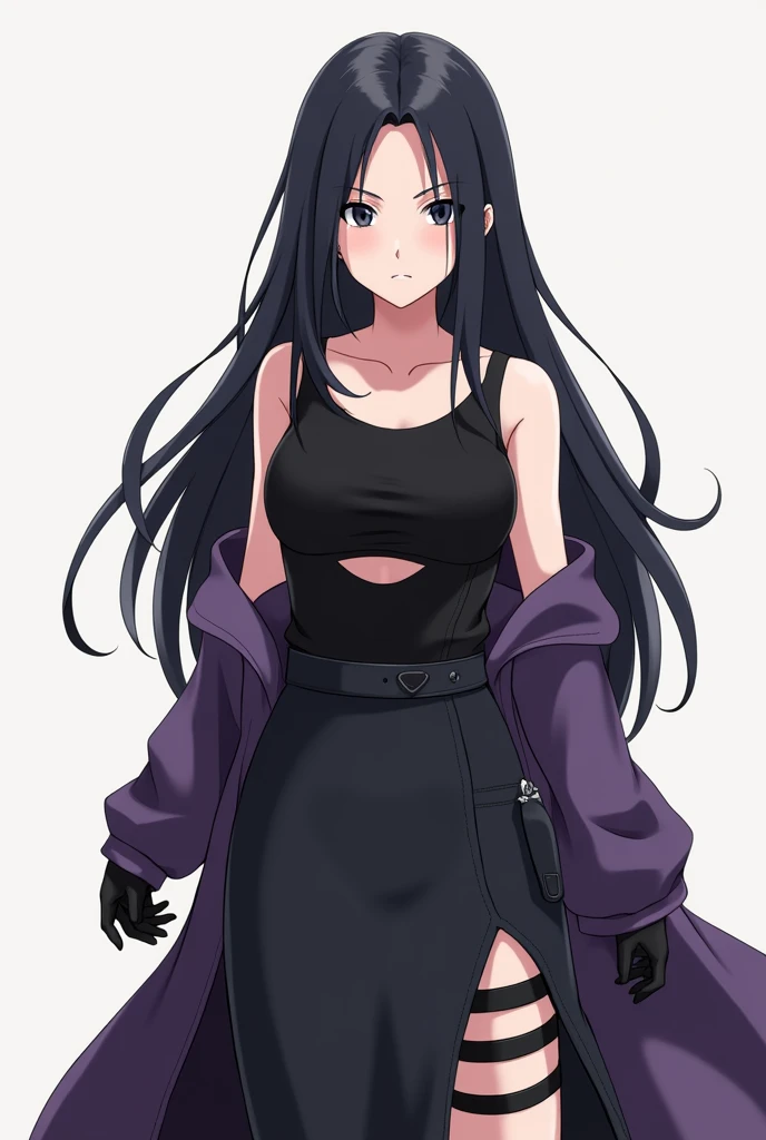  25-year-old female.  long black hair .  black eyes .  Wearing a sleeveless black blouse with a horizontal opening above the chest like a neckline. A purple jacket that falls around the shoulders .  Wearing a long skirt open on each side of the leg . Black...