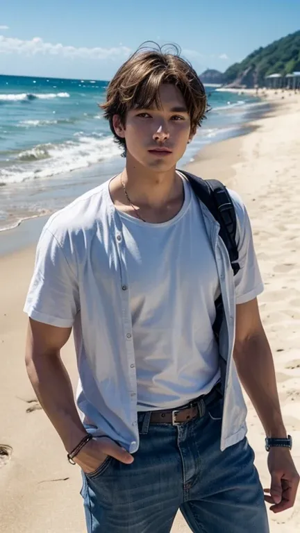 solo , 1man , American man , beach outfit , look at the viewer