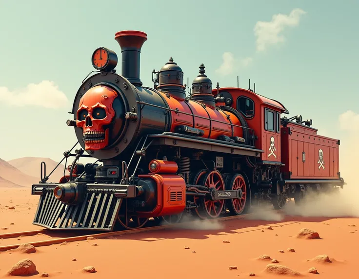  The image of a Pirate Locomotive in the desert , Técnologia  steampunk anos 20, Steampunk Technological Locomotive with Combat Weapons,  with a Pirate Flag in the colors Black and Red ,  FRONT OF THE LOCOMOTIVE SHAPED LIKE A ROBOTIC SKULL, various accesso...