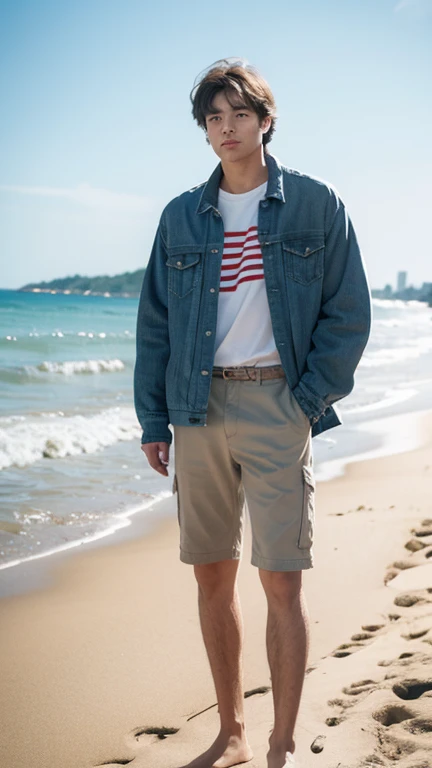 solo , 1man , American man , beach outfit , look at the viewer