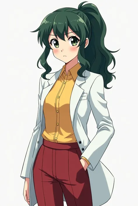 Sakurai sensei, female teacher, mature anime pretty, small eyes, dark green wavy hair, side pony, low tied pony tail, white lab coat, yellow blouse,  red trousers, serious face, full body