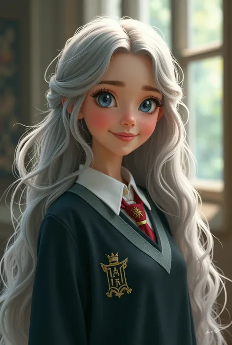 Cheerful girl, , honey skin color, blue eyes, gray hair, white flowing hair, long hair, wearing a Hogwarts school dress 